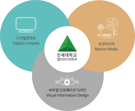 인제대학교 멀티미디어학부는 디지털콘텐츠(Digital Contents), 비주얼 인포메이션 디자인(Visual Information Design), 모션미디어(Motion Media) 세 가지 전공이 있다.